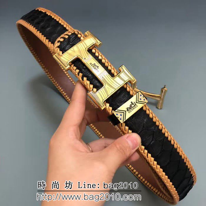 愛馬仕HERMES 蛇皮系列印尼叢林蟒蛇皮 專櫃高端男士皮帶 HHG1666